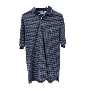 🌸3/$15🌸Small Plaid Navy Blue with Yellow Thin Stripes Polo Shirt sz Smal